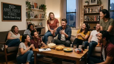A group of friends laughing together in a cozy living room with an April Fools jokes chalkboard sign on the wall