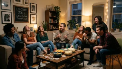 A candid indoor photograph of friends laughing together around a coffee table with a joke sign in the background