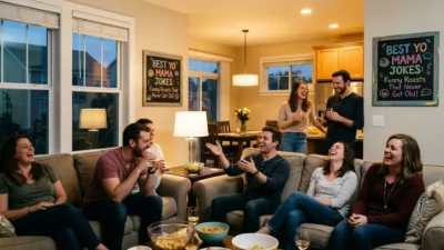 Friends sitting on a living room sofa laughing together during a casual get together