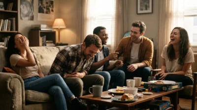 Five friends laughing joyfully together on a couch around a coffee table with snacks