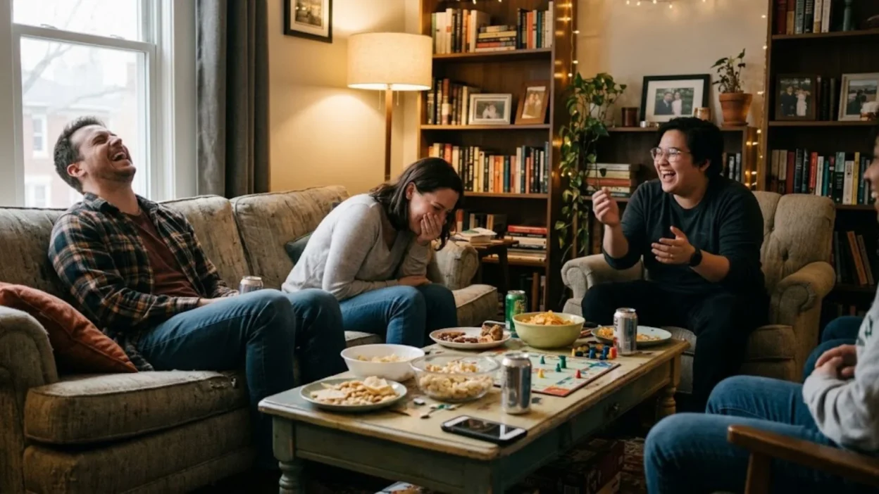 Group of happy friends laughing together on a couch during an indoor board game night