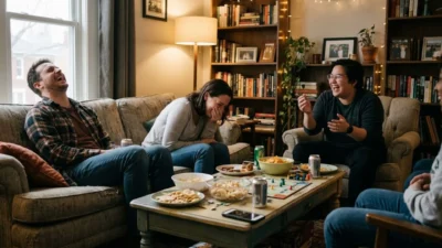 Group of happy friends laughing together on a couch during an indoor board game night