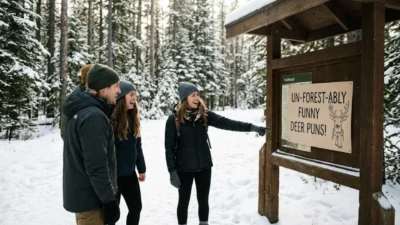 Hikers laughing on a snowy trail while pointing to a wooden trailhead sign in a pine forest.