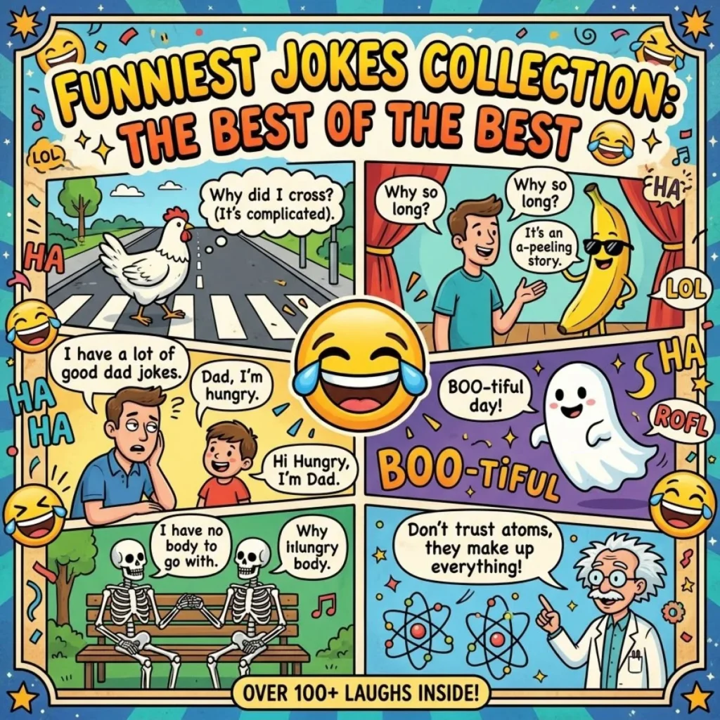 Colorful comic grid with funny jokes, puns, cartoons, and a big laughing emoji face
