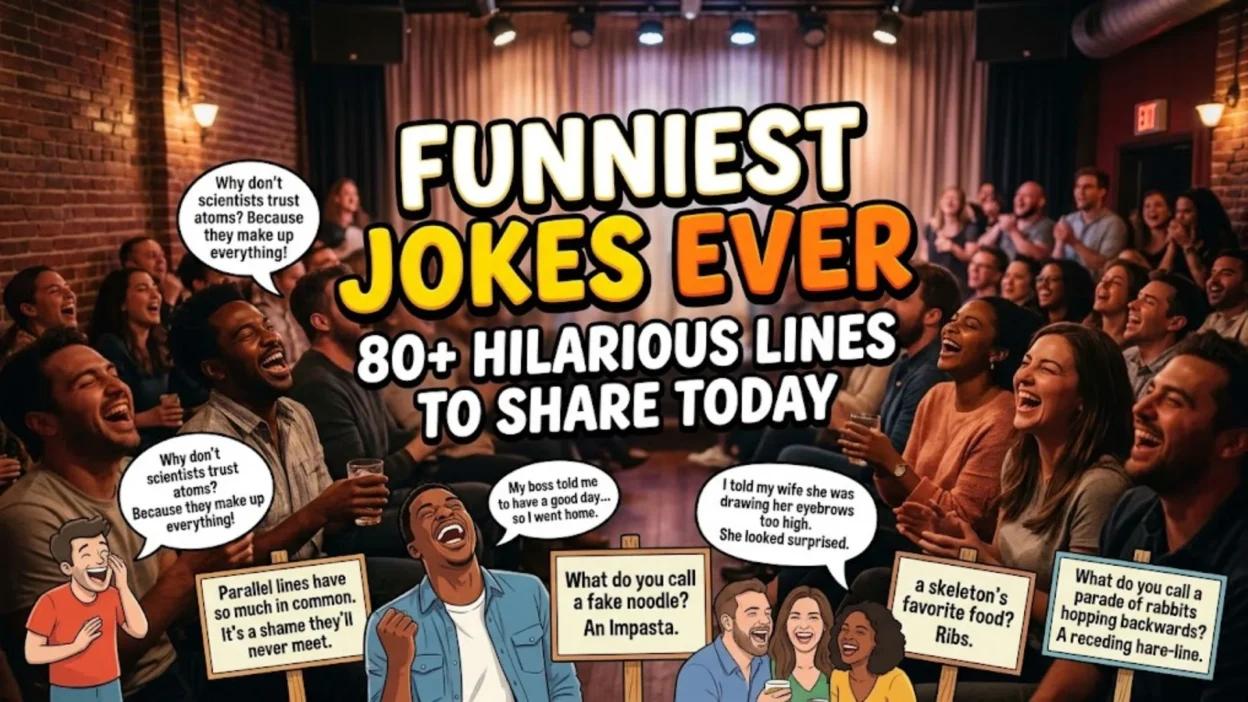 Audience laughing in a comedy club with funny joke speech bubbles and banners