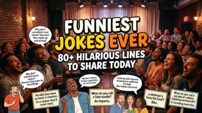Audience laughing in a comedy club with funny joke speech bubbles and banners
