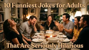 Friends laughing heartily around a dining table during a lively dinner party at home[cite: 5]