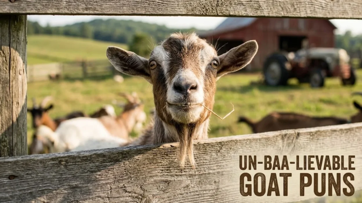 Smiling goat peering over a rustic wooden fence on a sunny countryside farm with text reading un-baa-lievable goat puns