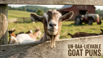 Smiling goat peering over a rustic wooden fence on a sunny countryside farm with text reading un-baa-lievable goat puns