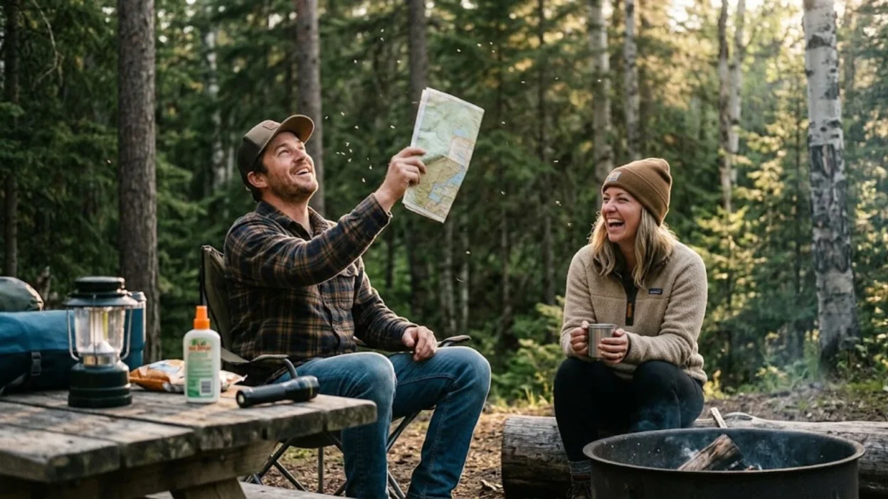 Man swatting mosquitoes with a paper map while camping with a laughing friend