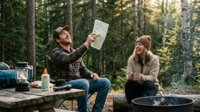 Man swatting mosquitoes with a paper map while camping with a laughing friend