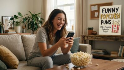 Happy woman sitting on a living room couch laughing at her smartphone near a large bowl of freshly popped popcorn