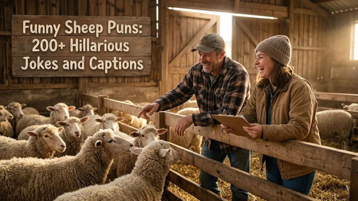 Two cheerful farmers leaning on a wooden fence laughing with sheep in a sunlit barn