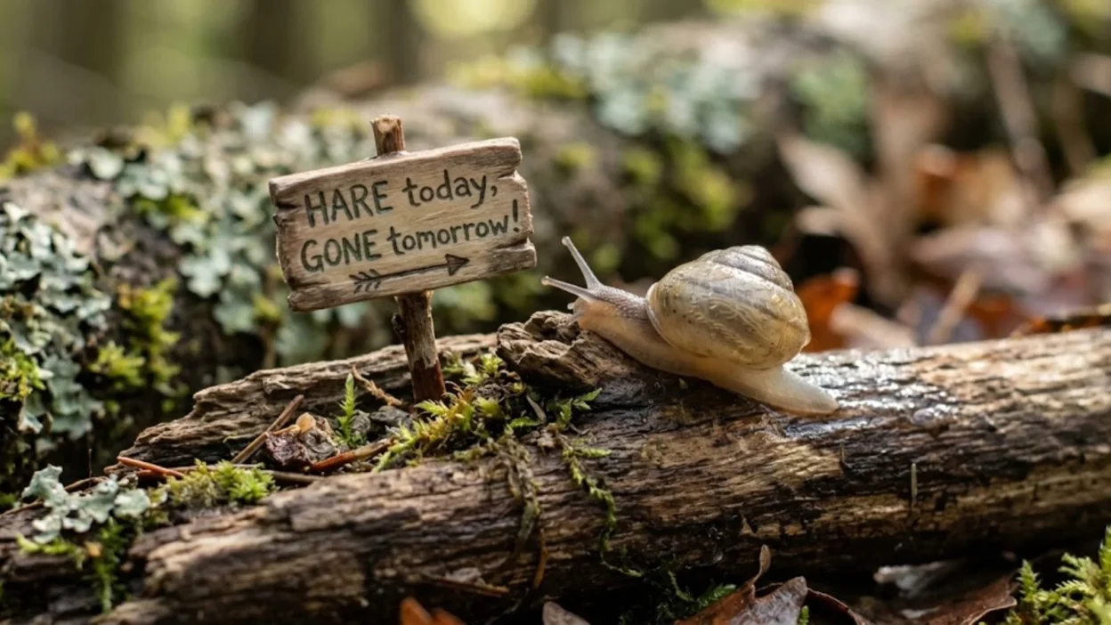 Small snail crawling on a mossy log past a tiny wooden sign reading hare today gone tomorrow