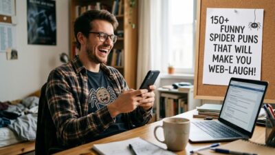 Smiling young man wearing glasses laughing at his smartphone while sitting at a study desk with spider pun notes