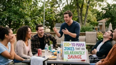 A group of young adults laughing outdoors around a patio table next to a homemade yo mama jokes sign