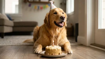 Golden retriever in a party hat smiling behind a small lit birthday cake on the floor