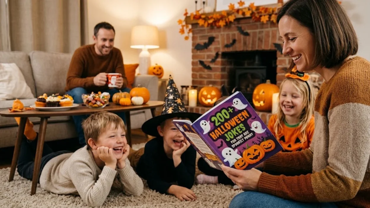 Family laughing in cozy living room decorated for Halloween while reading funny jokes together