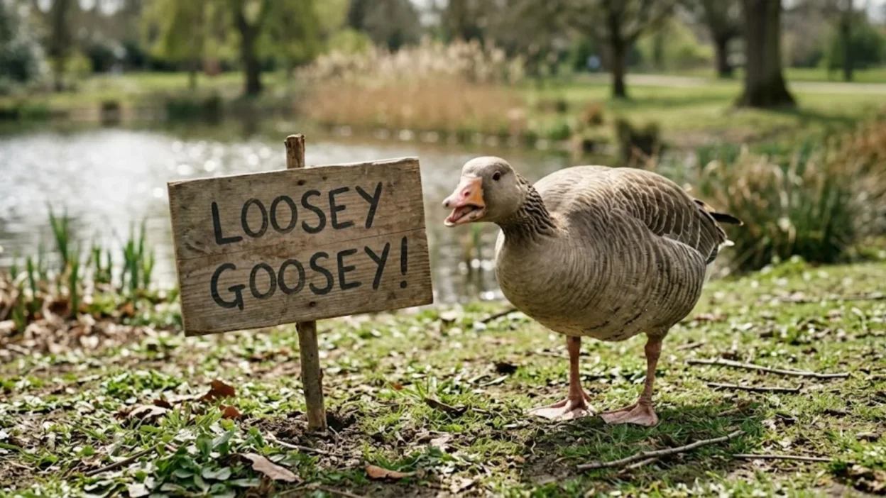 Goose honking beside a rustic wooden loosey goosey sign on grassy ground near a peaceful pond