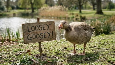 Goose honking beside a rustic wooden loosey goosey sign on grassy ground near a peaceful pond