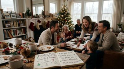 A family laughing around a table at home during the holidays with a notebook of festive puns on a table