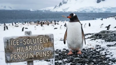 Gentoo penguin holding a feather near a frosty sign reading ice-solutely hilarious penguin puns on a snowy coast