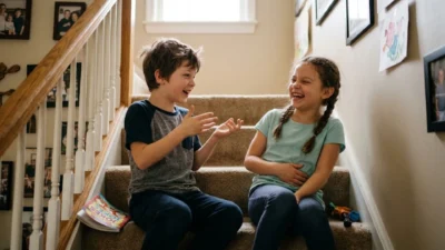 Boy and girl sitting on indoor stairs laughing heartily with a colorful joke book resting nearby
