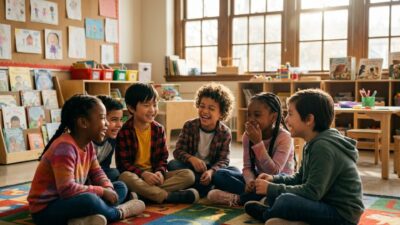 Diverse group of young children sitting in a circle on a colorful rug laughing happily in a bright classroom