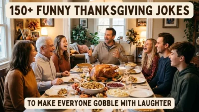 Multi-generational family laughing together around a holiday dinner table with roasted turkey and side dishes