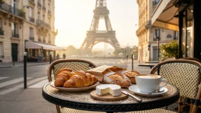 Croissants, baguettes, cheese, and coffee on a Paris bistro table overlooking the Eiffel Tower