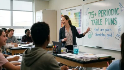 Smiling chemistry teacher pointing at periodic table puns written on a classroom whiteboard