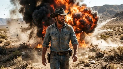 Rugged cowboy in a hat and denim shirt walking away from a fiery desert explosion.