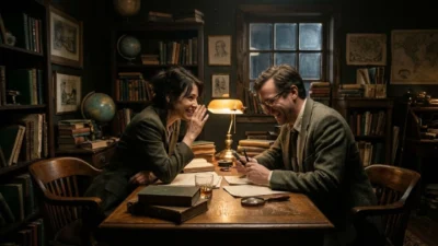 Man and woman smiling and whispering across a wooden desk in a vintage library under a banker lamp.