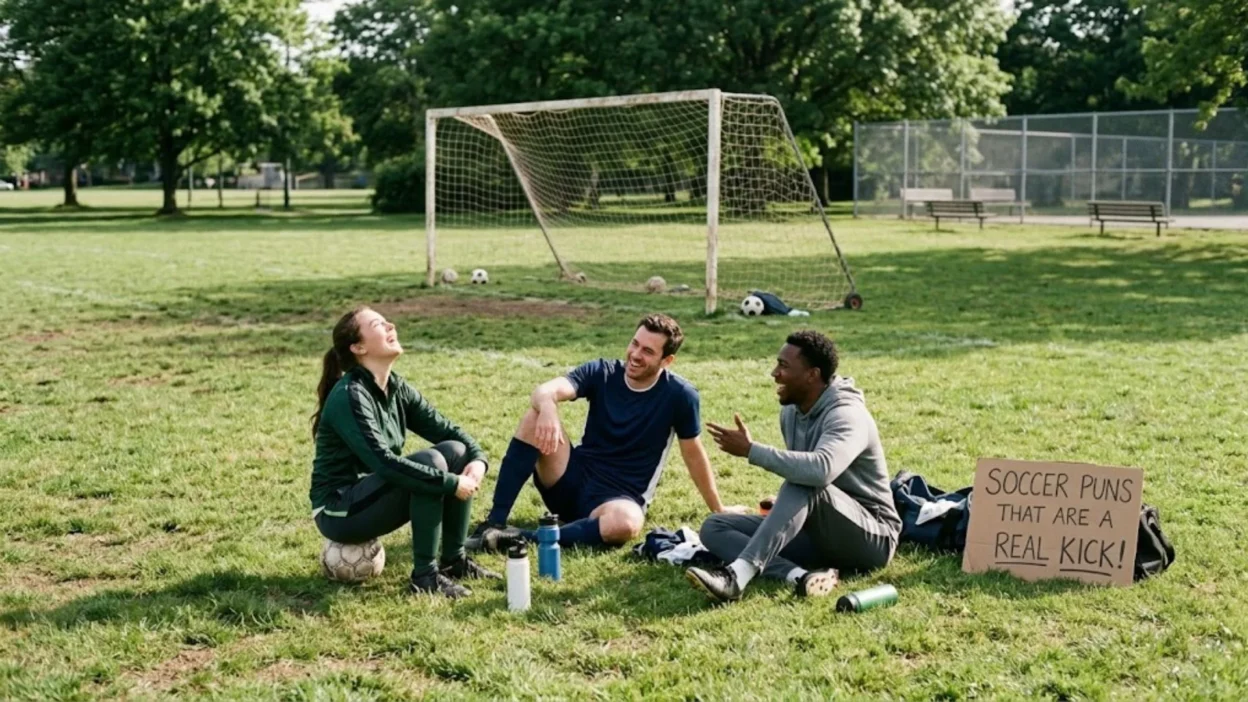 Three soccer players laughing together on a grassy field in front of a goalpost on a sunny day.