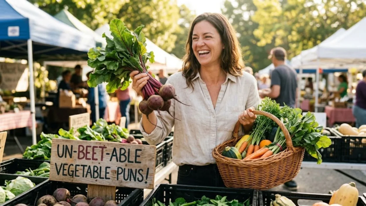 Smiling woman holding fresh beets and a harvest basket at an outdoor market near an un-beet-able vegetable puns sign
