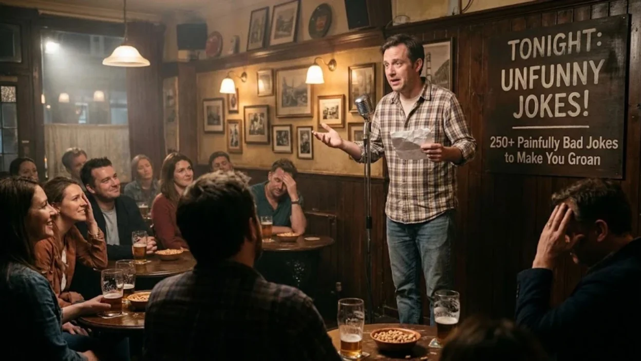 An awkward comic performs unfunny jokes on a small pub stage to a visibly groaning and facepalming audience
