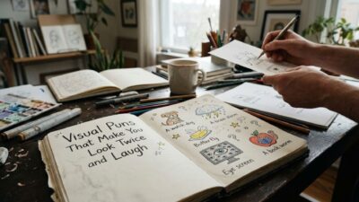 Artist hands drawing funny visual puns in an open sketchbook on a studio desk