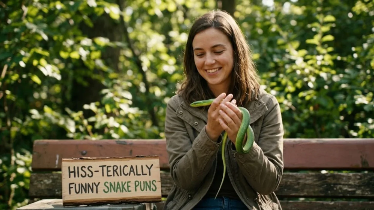 Woman sitting on a park bench smiling while holding a green snake near a wooden snake puns sign