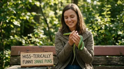 Woman sitting on a park bench smiling while holding a green snake near a wooden snake puns sign