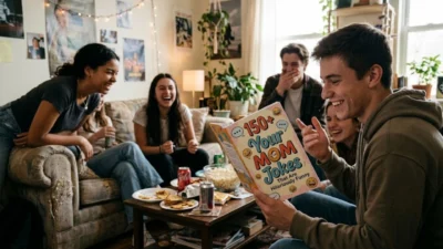 Group of young friends laughing together in cozy living room while reading funny jokes boo